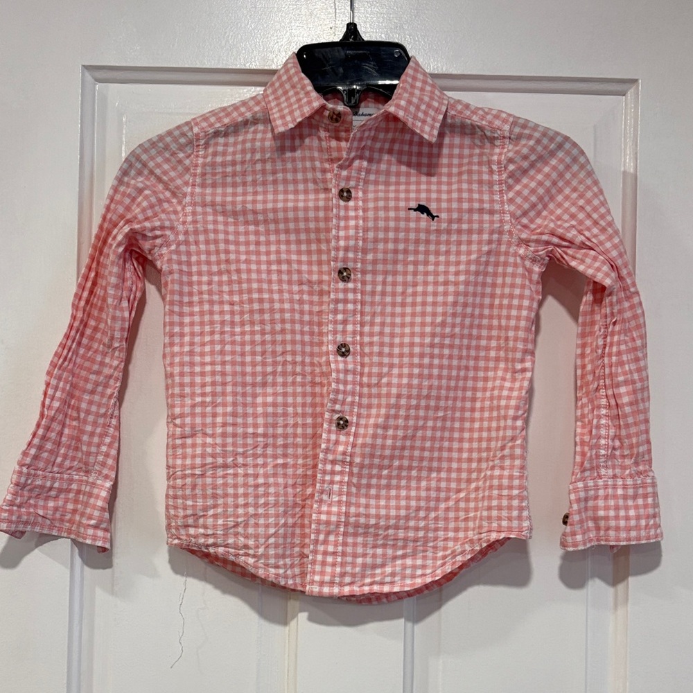 Tommy Bahama Boys Long Sleeve Button up Pink White Gingham Shirt EUC 5-6